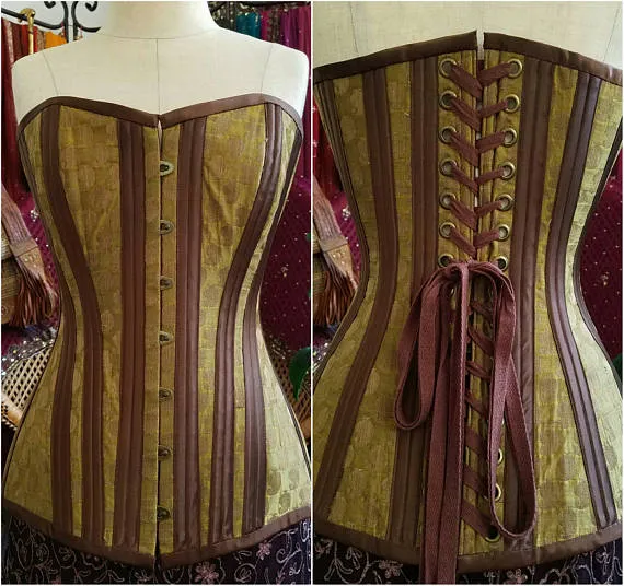 Moss Fairy steel boned corset sari green and bronze brocade burlesque steampunk victorian gothic renaissance handmade one of a kind by MorganaFaeCouture steampunk buy now online