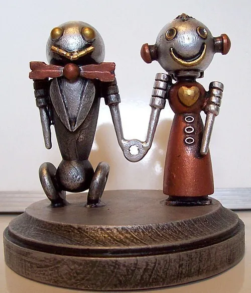 Robot Bride and Groom Wedding Cake Topper Classic V2 with Red Dress Holding Hands Wood Statues with Base by buildersstudio steampunk buy now online