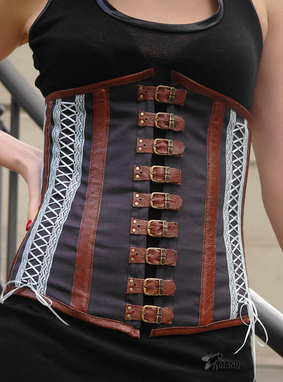 Steampunk corset, brown corset, lace corset, boned corset with buckle closure, leather corset, brown leather corset, MASQ by MASQfashion steampunk buy now online