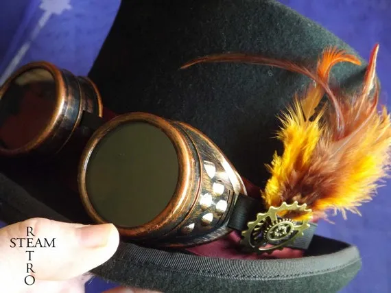steampunk hat - new VINTAGE Wool feathered Top Hat with goggles - steampunk top hat - steampunk top hat with goggles by SteamRetro steampunk buy now online steampunk hat - new VINTAGE Wool feathered Top Hat with goggles - steampunk top hat - steampunk top hat with goggles by SteamRetro steampunk buy now online