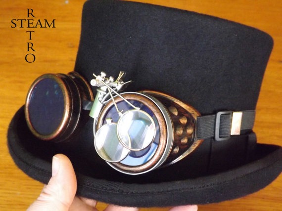 steampunk hat - new VINTAGE Wool Felt Formal Tuxedo Top Hat with goggles - steampunk top hat - steampunk top hat with goggles by SteamRetro steampunk buy now online