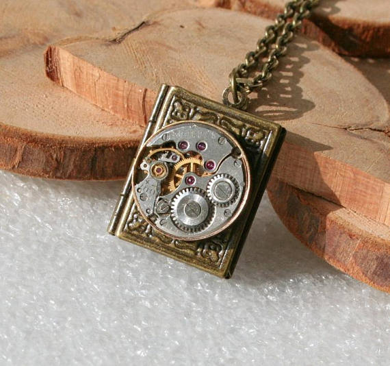 Steampunk jewelry. Steampunk Book pendant necklace with Watch Movement , Steampunk jewelry . Clockwork Book pendant necklace by Olisava steampunk buy now online
