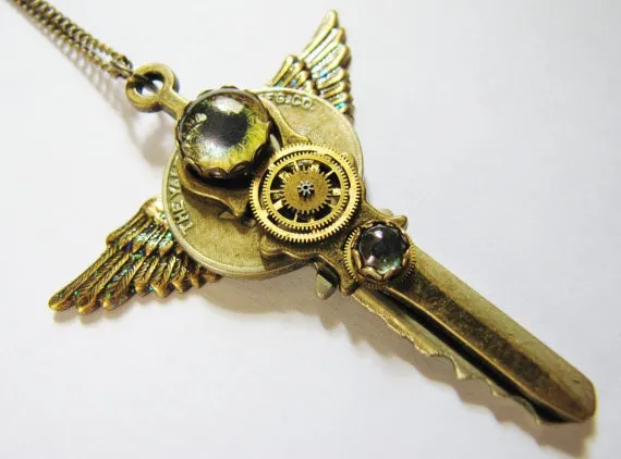Steampunk Mysterious Vintage Key Pendant with Clock Hand, Eye, Vintage Watch Gears and Iridescent Wings, Steampunk Necklace KP2 by RavensSecretStash steampunk buy now online