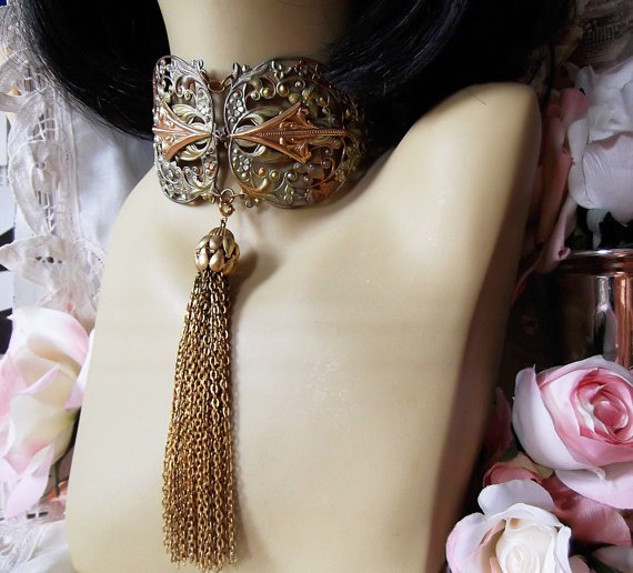 Torch Painted Brass, Vintage Tassel, Caged Faux Pearl, Seaglass Bead Interchangeable Choker by MockiDesigns steampunk buy now online