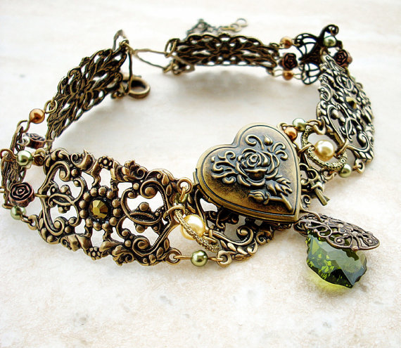 Victorian Choker Victorian Jewelry Heart Locket Antique Brass Choker Personalized Womens Green Gold Filigree Choker Gift mom wife girlfriend by Aranwen steampunk buy now online