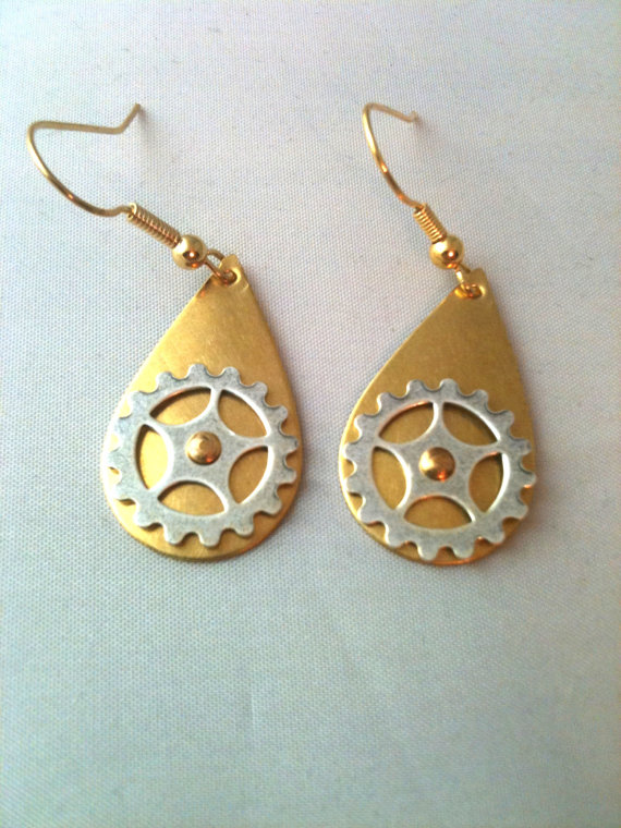Brass and Silver Teardrop Gear Earrings by DreaminSteam steampunk buy now online