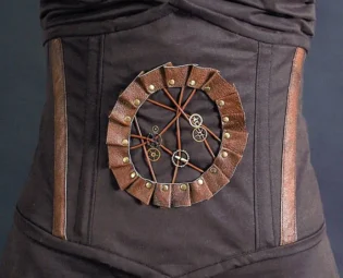 Brown corset, clockwork cameo steel boned corset, Steampunk corset with real leather details and lacing, brown corset, lace up corset MASQ by MASQfashion steampunk buy now online