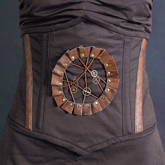 Brown corset, clockwork cameo steel boned corset, Steampunk corset with real leather details and lacing, brown corset, lace up corset MASQ by MASQfashion steampunk buy now online