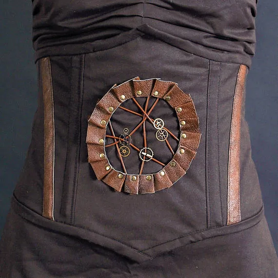 Brown corset, clockwork cameo steel boned corset, Steampunk corset with real leather details and lacing, brown corset, lace up corset MASQ by MASQfashion steampunk buy now online