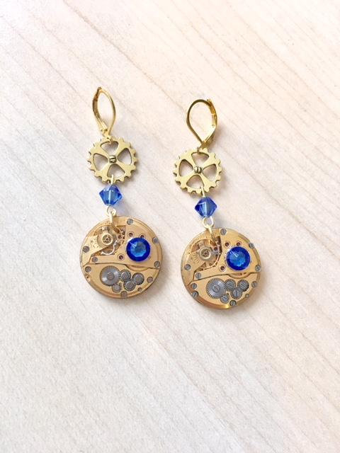 Gold-plated steampunk earrings with genuine gold watch mechanism and sapphire blue Swarovski crystal by Myriambijoux steampunk buy now online