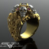 Gothic skull and reliquary memento mori mens ring in solid 14kt gold with princess cut diamond and natural marsala ruby cathedral rockstar. by DeMerJewelry steampunk buy now online