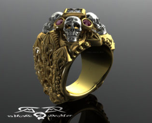 Gothic skull and reliquary memento mori mens ring in solid 14kt gold with princess cut diamond and natural marsala ruby cathedral rockstar. by DeMerJewelry steampunk buy now online