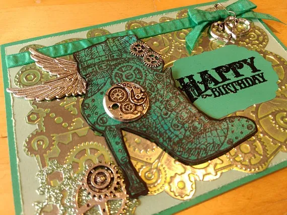 Green High Heel Happy Birthday Steampunk Card / Icarus Heel Card / Fashionista Card / by FullSteamGear steampunk buy now online