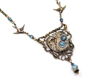 MARCH Steampunk Necklace AQUAMARINE Steampunk Jewelry BIRDS Vintage Style Aqua Blue Antique Brass Steam Punk Jewelry by VictorianCuriosities by MetalCuriosities steampunk buy now online