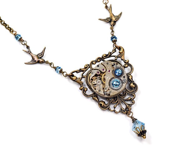 MARCH Steampunk Necklace AQUAMARINE Steampunk Jewelry BIRDS Vintage Style Aqua Blue Antique Brass Steam Punk Jewelry by VictorianCuriosities by MetalCuriosities steampunk buy now online