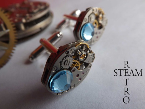 Mens Aquamarine cufflinks - Steampunk Cufflinks - Steampunk Accessories -Wedding Cufflinks - Cufflinks by SteamRetro steampunk buy now online