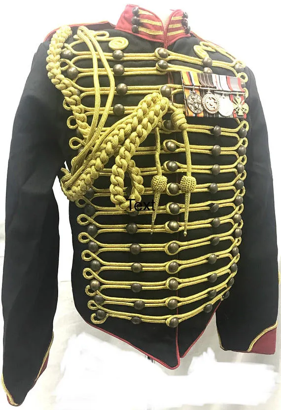 Men's Military Army Gold Braiding Hussar Officers black Jacket with red Contrast in chest size 46" and steampunk medals & Aiguillette by SteamEraProduction steampunk buy now online