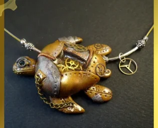 OOAK Steampunk sea turtle necklace, Polymer clay industrial seaturtle pendant, mecha clockwork, silver bronze vintage machine part by CrumpledFantazies steampunk buy now online