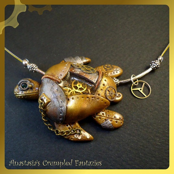 OOAK Steampunk sea turtle necklace, Polymer clay industrial seaturtle pendant, mecha clockwork, silver bronze vintage machine part by CrumpledFantazies steampunk buy now online