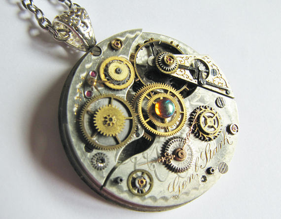 Steampunk Antique General John Stark Embellished Pocket Watch Movement Pendant Necklace, Steampunk Necklace, Steampunk Watch Necklace PN74 by RavensSecretStash steampunk buy now online