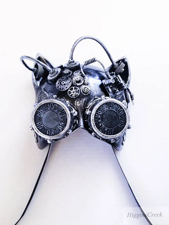 steampunk Mask Cat Goggle Masks Steampunk Metallic Silver Gold Gatto mask with Goggle Cat face Masks by HigginsCreek steampunk buy now online