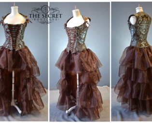 Steampunk wedding dress, blue and copper corset dress with copper brown high low skirt is perfect for an alternative bride by thesecretboutique steampunk buy now online