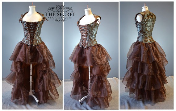 Steampunk wedding dress, blue and copper corset dress with copper brown high low skirt is perfect for an alternative bride by thesecretboutique steampunk buy now online