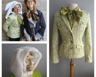 Upcycled Clothing White Rabbit Costume, Alice in Wonderland, White Fun Fur Hood, Lime Green Brocade Jacket, Lime Green Bow Tie, Youth Size by enduredesigns steampunk buy now online
