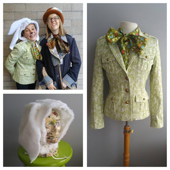 Upcycled Clothing White Rabbit Costume, Alice in Wonderland, White Fun Fur Hood, Lime Green Brocade Jacket, Lime Green Bow Tie, Youth Size by enduredesigns steampunk buy now online