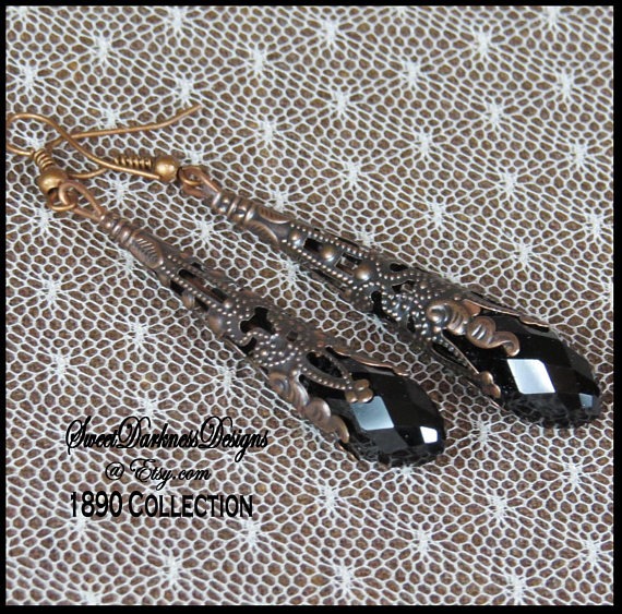 VICTORIAN STEAMPUNK Earrings COPPER Filigree BLaCK Fauceted Crystal Dangle Fishhook Steampunk Victorian Earrings by SweetDarknessDesigns steampunk buy now online