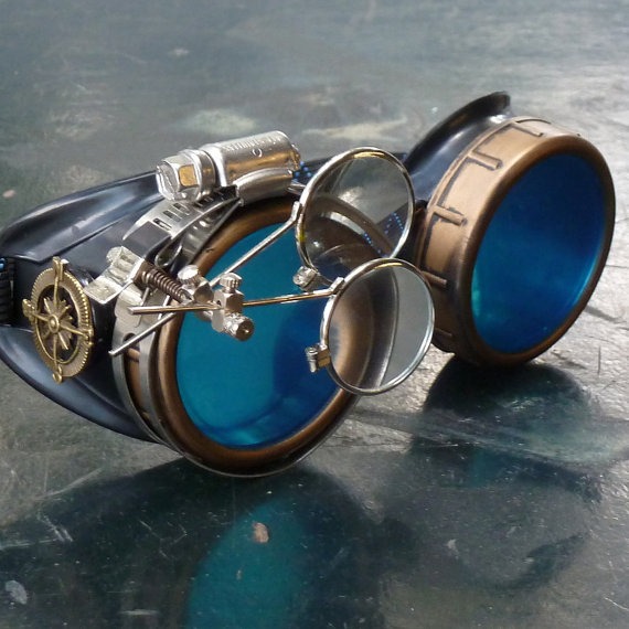 Victorian Steampunk goggles aviator victorian welding biker eye cup-- gcg blue lens by UmbrellaLaboratory steampunk buy now online
