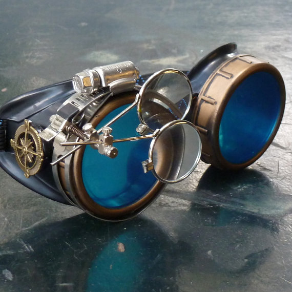 Victorian Steampunk goggles aviator victorian welding biker eye cup-- gcg blue lens by UmbrellaLaboratory steampunk buy now online