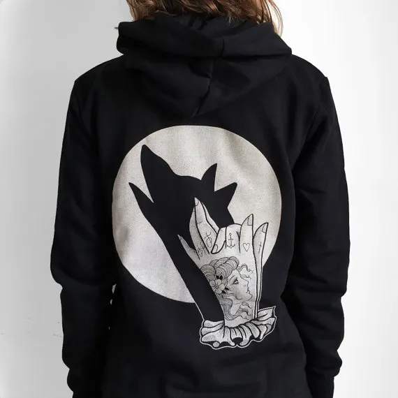 Women's hoodie with wolf print, hand shadow puppet, wolf tattoo print, moon print, womens sweater, steampunk womans clothing, animal print by hardtimesdesign steampunk buy now online Women's hoodie with wolf print, hand shadow puppet, wolf tattoo print, moon print, womens sweater, steampunk womans clothing, animal print by hardtimesdesign steampunk buy now online