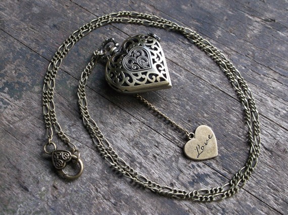 Working Heart Pocket Watch Necklace with Compass Rose and Love Heart Charm on Long Chain, Steampunk, Gift for Girlfriend or Wife by ReActiv steampunk buy now online