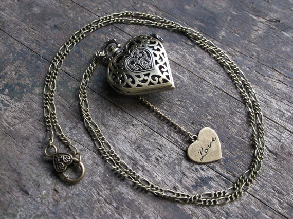 Working Heart Pocket Watch Necklace with Compass Rose and Love Heart Charm on Long Chain, Steampunk, Gift for Girlfriend or Wife by ReActiv steampunk buy now online
