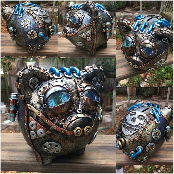9" Steampunk Misfits Crimson Ghost Piggy Bank by SteamPunkArtEmporium steampunk buy now online 9" Steampunk Misfits Crimson Ghost Piggy Bank by SteamPunkArtEmporium steampunk buy now online