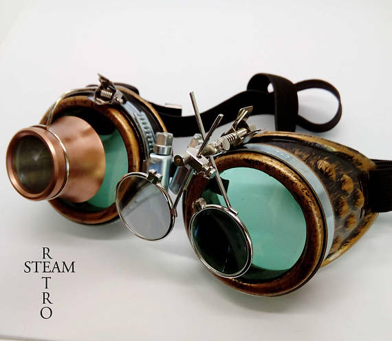 bronze steampunk goggles - double loupe green lens cyber goggles burning man steampunk accessories - steampunk gift - goggles - steampunk by SteamRetro steampunk buy now online bronze steampunk goggles - double loupe green lens cyber goggles burning man steampunk accessories - steampunk gift - goggles - steampunk by SteamRetro steampunk buy now online