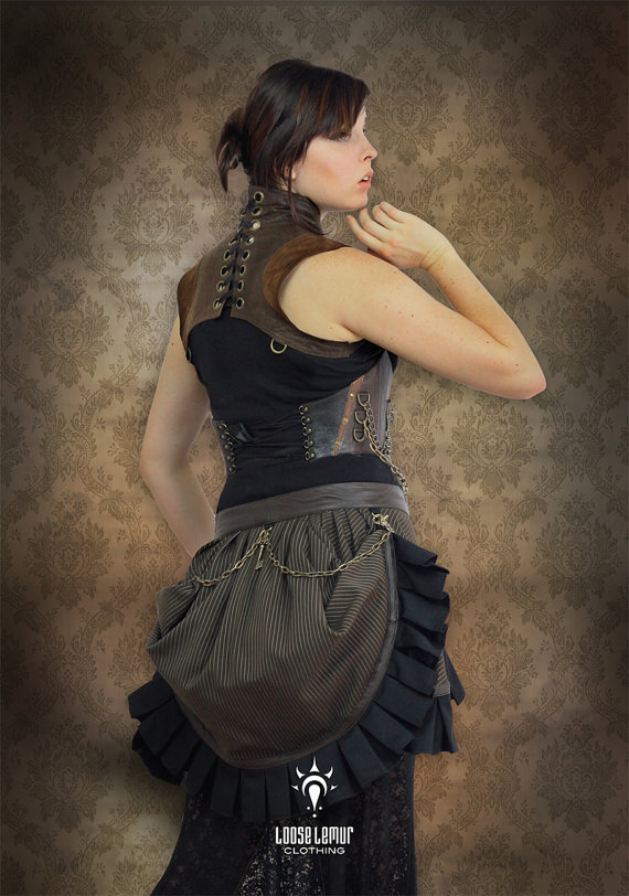 Brown Pinstripe Bustle Ruffle Skirt, Leather Trim with Tulle Lining and Chain Detail by Loose Lemur Clothing by LooseLemur steampunk buy now online