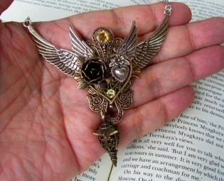 Double Winged Necklace (N800) Steampunk Inspired Design, Bronze Heart, Silver Wings, Gears and Lantern Pendant, Silver Plated Chain by DesignsByFriston steampunk buy now online