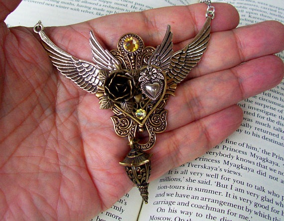 Double Winged Necklace (N800) Steampunk Inspired Design, Bronze Heart, Silver Wings, Gears and Lantern Pendant, Silver Plated Chain by DesignsByFriston steampunk buy now online Double Winged Necklace (N800) Steampunk Inspired Design, Bronze Heart, Silver Wings, Gears and Lantern Pendant, Silver Plated Chain by DesignsByFriston steampunk buy now online