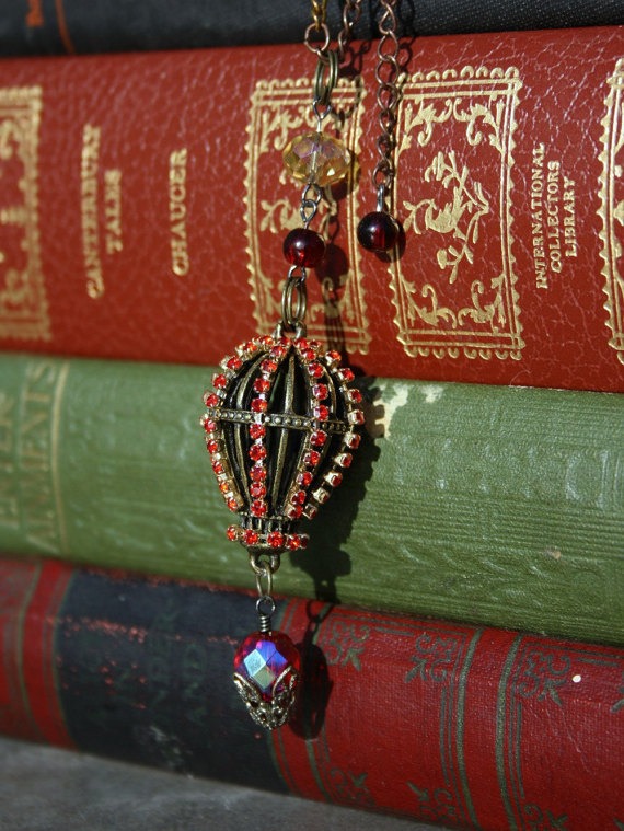 Hot air balloon necklace red rhinestone chain steampunk style 3D pendant charm by SaqqaraLilyDesigns steampunk buy now online Hot air balloon necklace red rhinestone chain steampunk style 3D pendant charm by SaqqaraLilyDesigns steampunk buy now online