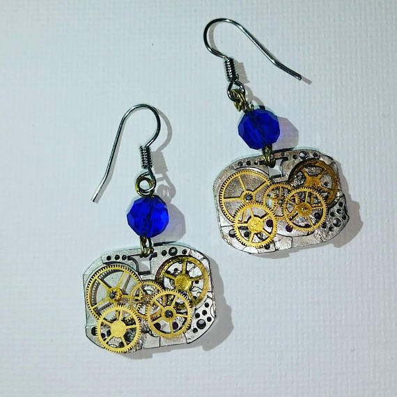 Steampunk dangle earrings, cogs, clocks, beaded, pierced earrings, blue beads, steampunk, handmade, original design, by EmergeArtGallery steampunk buy now online