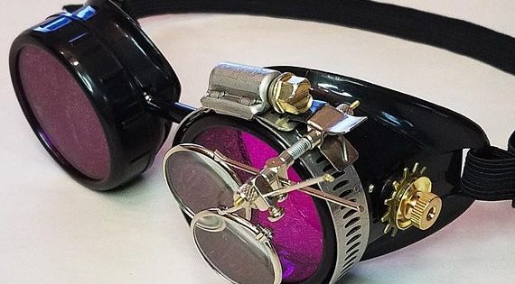 STEAMPUNK GOGGLES Black with Purple Lenses Brass Accents and Magnifying
