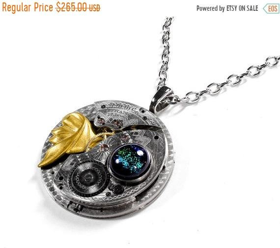 Steampunk Jewelry Necklace GUILLOCHE Etched WALTHAM Pocket Watch Gold Leaf Blue Multi Dichroic Cab Mens Jewelry Gift - Jewelry by edmdesigns by edmdesigns steampunk buy now online Steampunk Jewelry Necklace GUILLOCHE Etched WALTHAM Pocket Watch Gold Leaf Blue Multi Dichroic Cab Mens Jewelry Gift - Jewelry by edmdesigns by edmdesigns steampunk buy now online