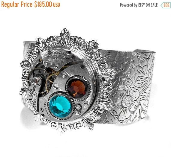 Steampunk Jewelry Steampunk Cuff WALTHAM Pocket Watch Etched Pattern Sterling TURQUOISE TOPAZ Crystals STUNNiNG Gift - Jewelry by edmdesigns by edmdesigns steampunk buy now online