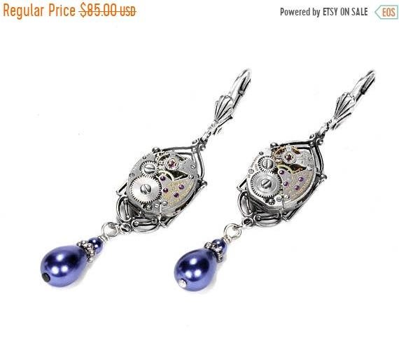 Steampunk Jewelry Steampunk Earrings Vintage Silver ART DECO Watch, BLUE Pearl, Dangle Earrings Wedding, Mothers Day - Jewelry by edmdesigns by edmdesigns steampunk buy now online