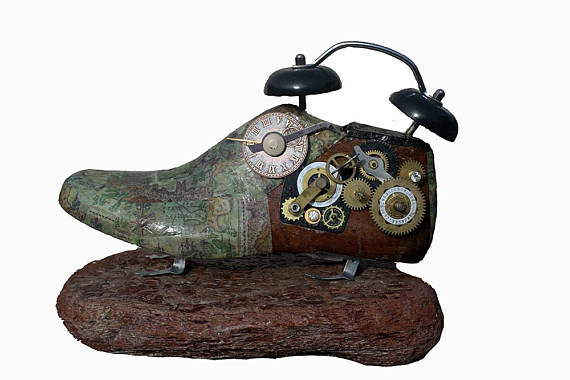 Steampunk shoelast,primitive decor,window shop display,steampunk clock,cobblers tools decor,steampunk art on wood,steampunk shop,shoemolds by Sixty5 steampunk buy now online