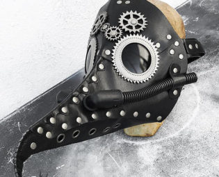 Black Faux Leather Steampunk 'PLAGUE DOCTOR' Mask with Silver Trim, Metal Gears, Rivets, Tubes, and Buckle Straps - Burning Man Must Have by jadedminx steampunk buy now online