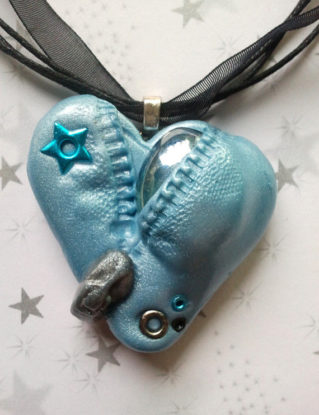 Chrome Blue Love Heart Zipper, Steampunk Polymer Clay Necklace by Florajam steampunk buy now online