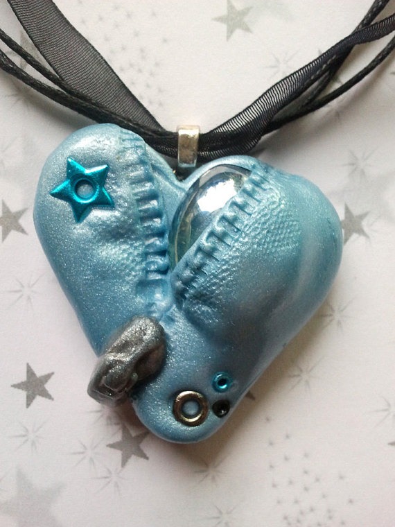 Chrome Blue Love Heart Zipper, Steampunk Polymer Clay Necklace by Florajam steampunk buy now online Chrome Blue Love Heart Zipper, Steampunk Polymer Clay Necklace by Florajam steampunk buy now online